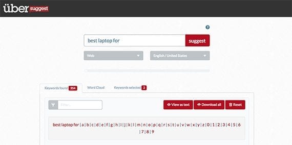 Ubersuggest will return a long list of keyword phrase recommendations based on your starting phrase. This can be a good way to discover transactional intent keywords.