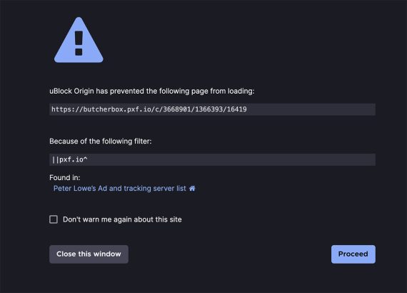 Screenshot of a uBlock Orgin warning of a tracking parameter from ButcherBlock.