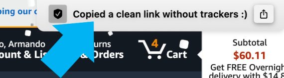 Screenshot of an Arc browser showing the message "Copied a clean link without trackers :)"