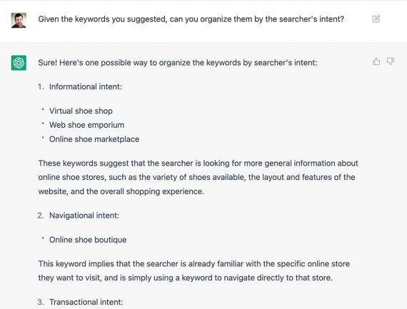 Screenshot of a ChatGPT dialog, starting with the query, "Given the keywords you suggested, can you organize them by the searcher's intent?"