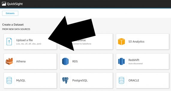 Screenshot of the import data screen on QuickSight