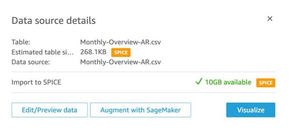 Screenshot of the QuickSight screen to visualize the data