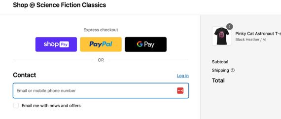 Checkout form for Science Fiction Classics showing the email address field.