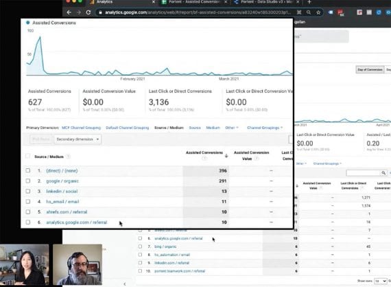 Screenshot of the video from Kim's presentation, show her, Armando Roggio, and a Google Analytics page.