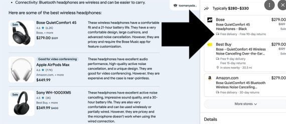 Screenshot of SGE results for "wireless headphones" showing the right-side panel, accesible via a JavaScript-enabled link.