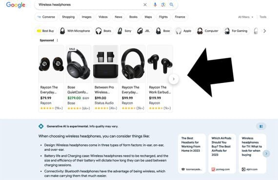 Screenshot of Google SGE results for "wireless headphones."