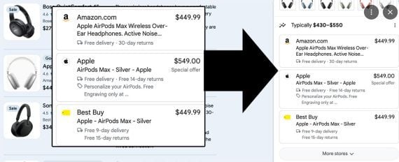 Screenshot of SGE results for "wireless headlines" showing the right-side panel with three merchant links.