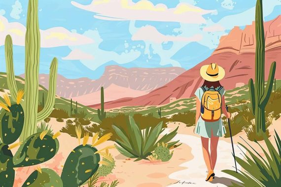 AI-generated image of a female hiking in the desert.