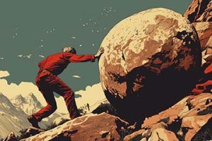 Sisyphus in Greek mythology pushing a rock up the hill.