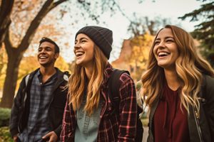 3 colllege aged people — one male and two females — in a park-like setting