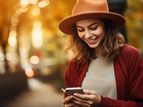 Image from Midjourney of a 20s-aged female holding a smartphone and smiling