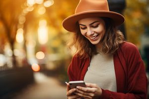 Image from Midjourney of a 20s-aged female holding a smartphone and smiling