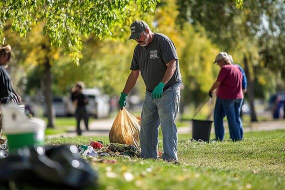 Photo of a male picking up trash in a park