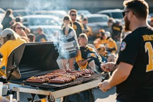 Photo of a man cooking on a grill at a tailgate party