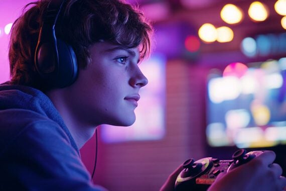 Photo of a teenage male playing a video game.