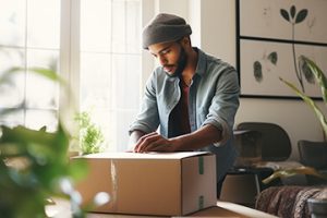 Photo of a merchant preparing a shipping box