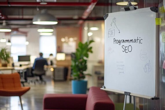 Photo of an office setting with a whiteboard reading "Programmatic SEO."