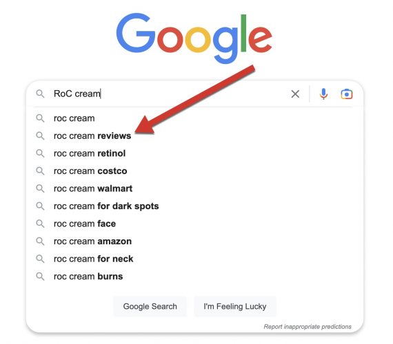 Screenshot of Google's autocomplete for "RoC cream."