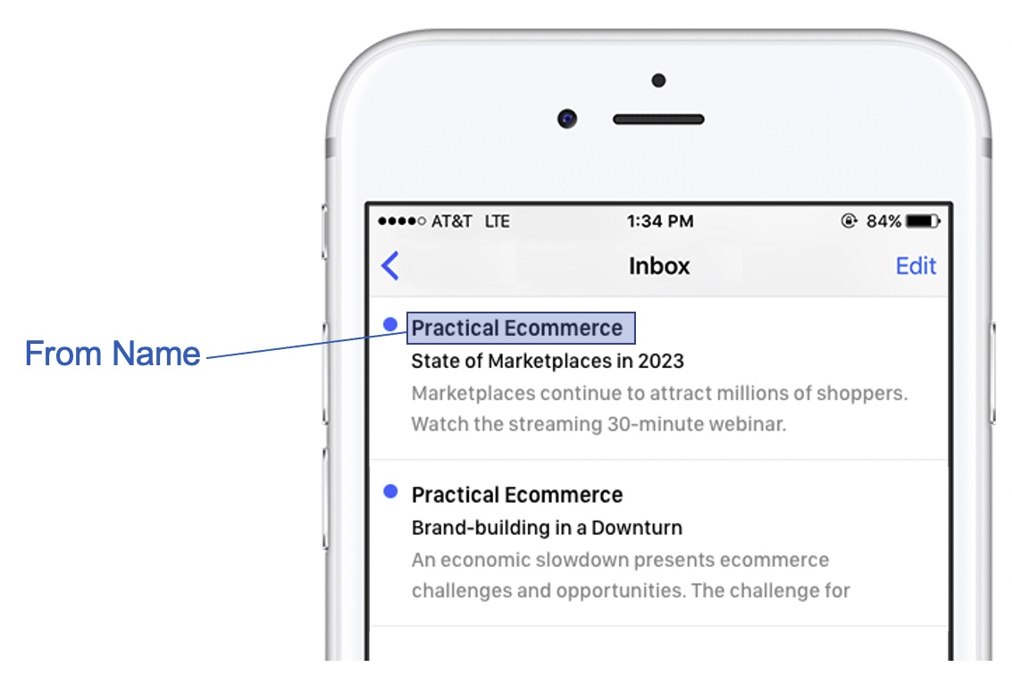 Screenshot on mobile showing a From name in an email message