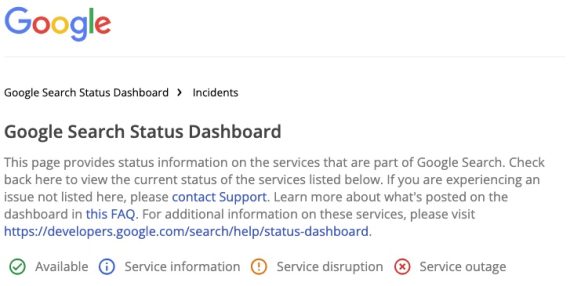 Home page of Google Search Status Dashboard