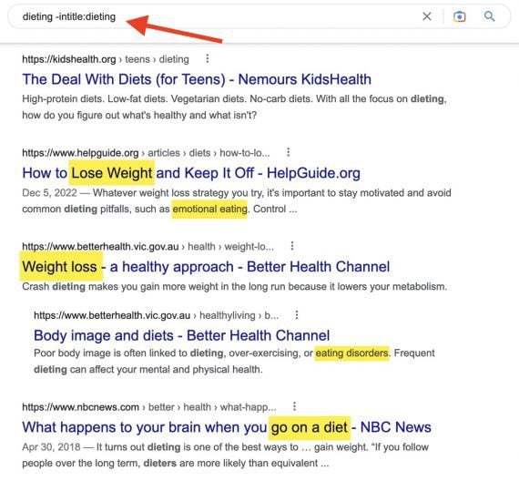 Screenshot of intitle Google search for "dieting"