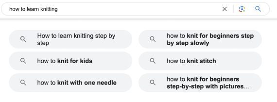 Screenshot of for partial search results of "how to learn knitting"