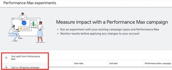 Screenshot of Performance Max campaign experiments