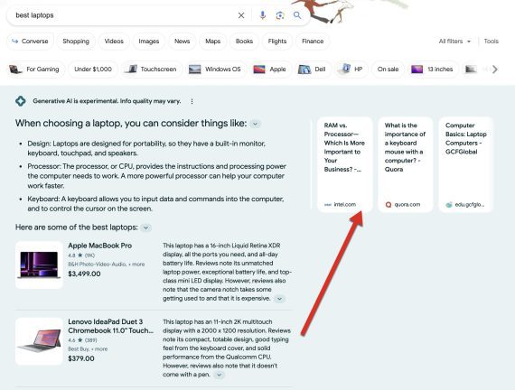 Screenshot of SGE search results for "best laptops"