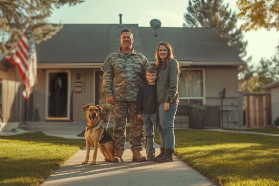 Image of man in a military uniform surrounded by a wife, son, and dog in front of a house.