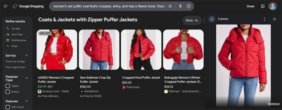 Screenshot from Google Shopping of five puffer coats with zippers. 