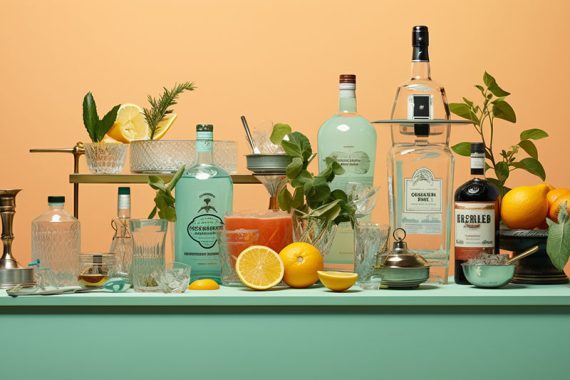 Image of various cocktails and accessories on a shelf