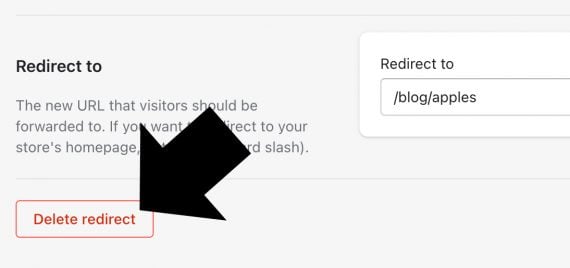 Screenshot of "Redirect to" page with a red "Delete redirect" button