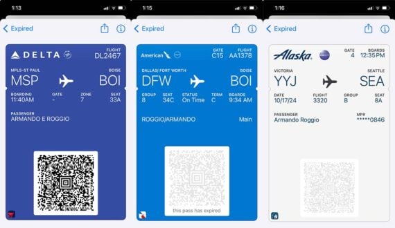 Three expired boarding passes on a mobile wallet