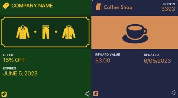 Screenshot from Apple of a hypothetical digital-wallet coupon and loyalty card.