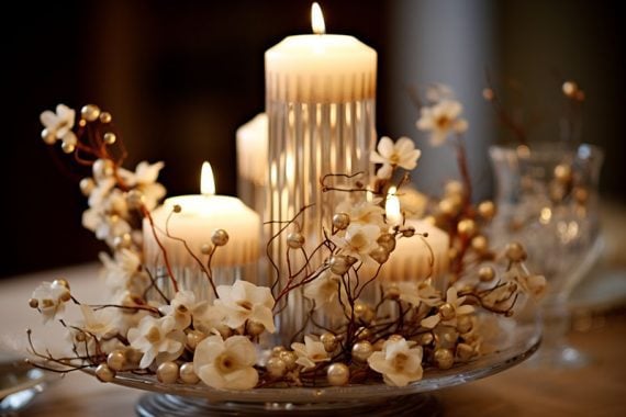 Photo of an elegant candle surrounded by flowers