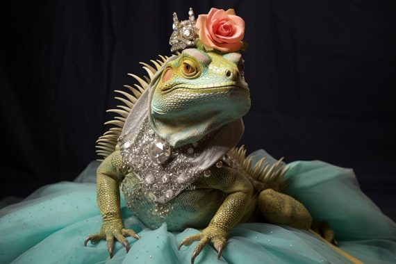 Photo of an iguana with a flower on its head