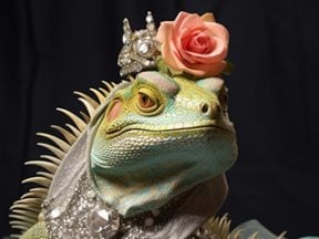 Photo of an iguana with a flower on its head