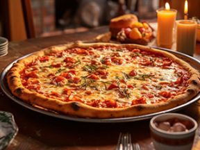 Photo of a pizza on a table in a restaurant