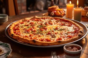 Photo of a pizza on a table in a restaurant