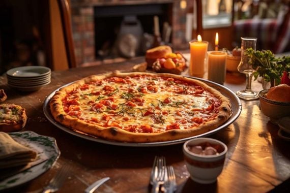 Photo of a pizza on a restaurant table