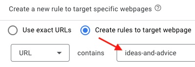 Screenshot of the Google Ads admin box for targeting "ideas-and-advice"