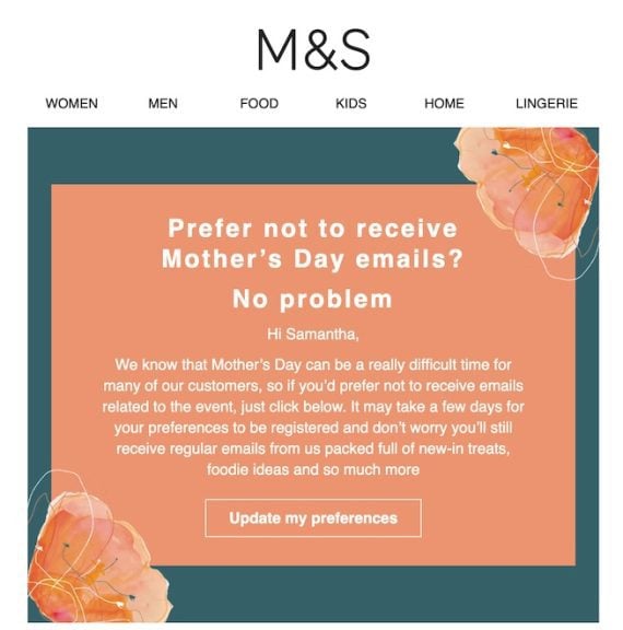 Marks & Spencer dedicated email reading, "Prefer not to receive Mother's Day emails? No problem."