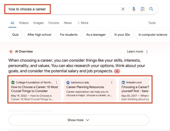 Screenshot of SERPs for "how to choose a career" as seen by public, non-Labs searchers