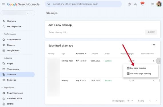 Screenshot from Search Console of "Submitted sitemaps" page