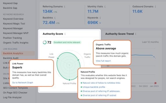 Screenshot of an Authority Score screen from Semrush