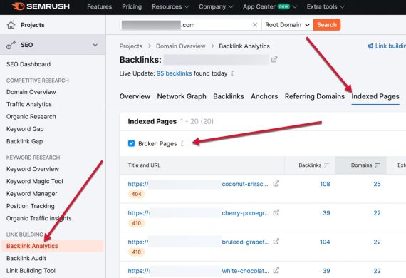 Screenshot of Semrush's "Broken links" report