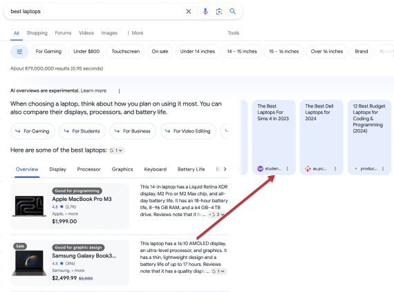 Screenshot of SGE results for "best laptop."