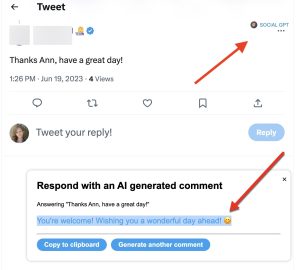 Screenshot of Social GPT functionality on a tweet