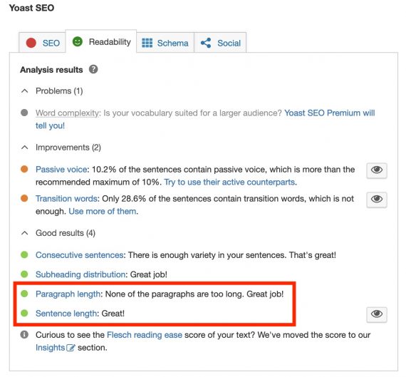 Screenshot of a full Yoast readability assessment addressing areas of improvement