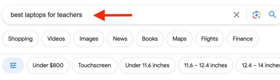 Screenshot of SERP for "best laptops for teachers."